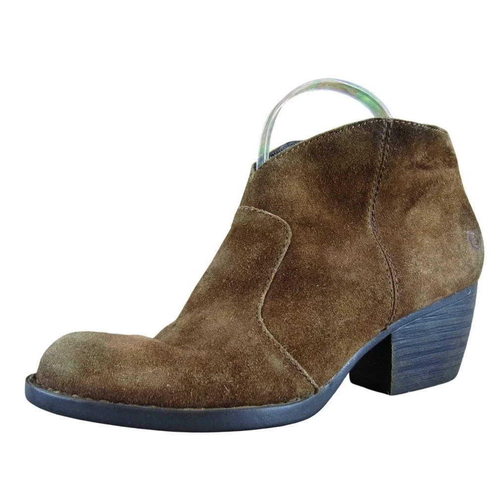 Born‎ Women's 9 Brown Suede Leather Ankle Booties Block Heel Zip Casual